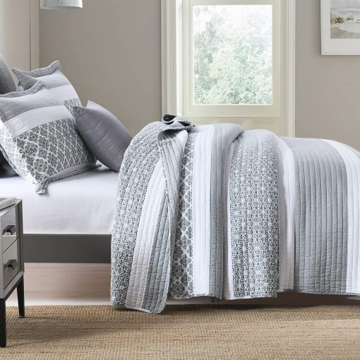 Juego de Colchas King Size DUOHONG - Juego de Colchas de Cama King, Juego de Ropa de Cama de Colchas de Algodon 100% para Cama King, 3 Piezas Colcha Reversible Acolchada Ligera, Gris Azulado - Imagen 3