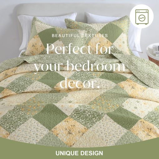 Colcha de Cama Acolchada de Algodon 100% de Gran Tamano 128"x120", Ligera Colcha Extra Grande para Cama King de California, Cubrecamas Reversible Acolchado, Juego de 3 Piezas, Verde - Imagen 6
