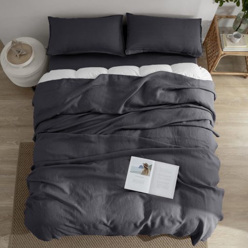 Juego de sabanas de lino EVERLY para cama tamano Full, 100% lino puro frances lavado a la piedra, 4 piezas (1 sabana plana, 1 sabana ajustable, 2 fundas de almohada) Adecuado para personas calurosas, juego de ropa de cama natural - Gris Oscuro - Imagen 7