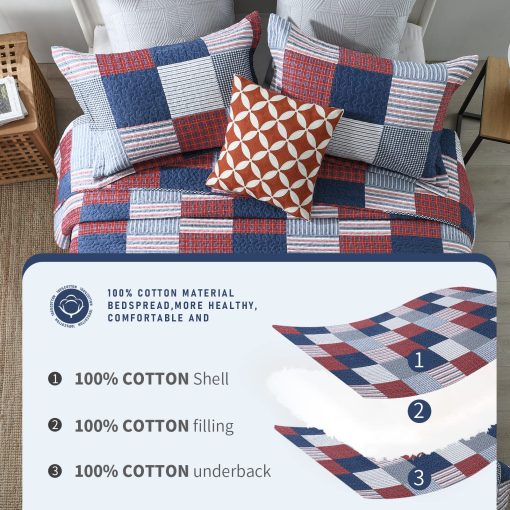 Juego de Colcha Queen Size Finlonte - Juego de Cama de Colcha de Algodon 100% Azul Rojo Blanco Cuadros Granja, Colcha Reversible Ligera Suave, Cubrecama Acolchado para Todas las Estaciones, 3 Piezas - Imagen 6