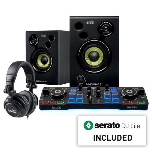Kit de Inicio para DJ de Hercules | Controlador de DJ Starlight USB con Software Serato DJ Lite, Altavoces de Monitor de 15 vatios y Auriculares con Aislamiento de Sonido