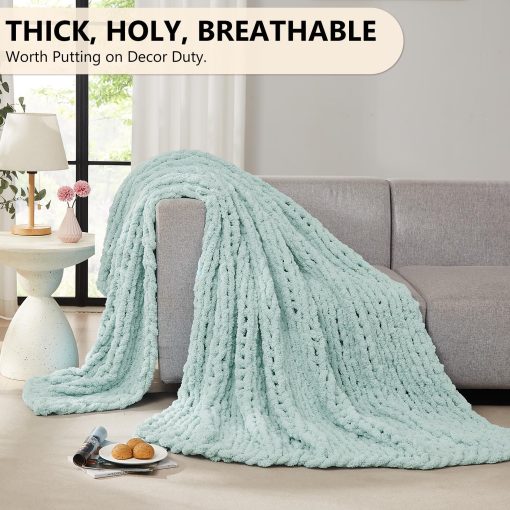 Manta de Punto Grueso L'AGRATY: 60''x80'' Manta de Punto Grueso de Chenilla para Cama y Sofa - Manta de Cable Grueso Hecha a Mano - Manta Grande de Ganchillo para Decoracion del Hogar (Verde Menta) - Imagen 5