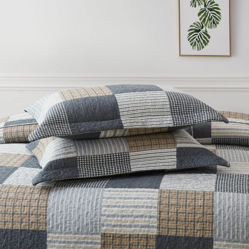 Juego de Edredon Queen Size de Cuadros de Finlonte - 100% Algodon, Colcha acolchada estilo country y farmhouse, Juego de Ropa de Cama Reversible Ligero, Gris Marron Negro Blanco, Colchon de Cama para Todas las Estaciones 3 Piezas - Imagen 7