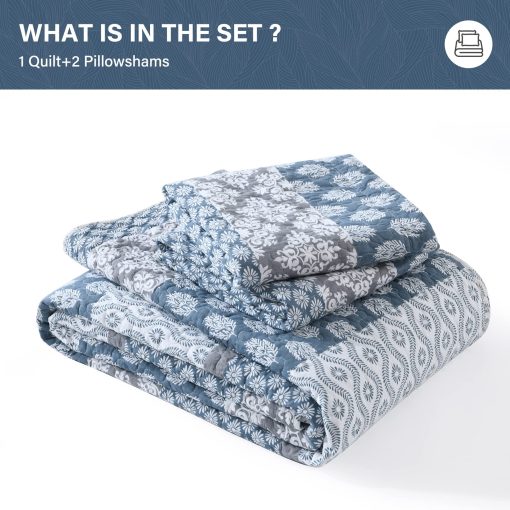 SahSahCasa Quilt King Size, Juego de Edredon King, 100% Algodon Edredon Floral, Juego de Edredon King, Colchas de Cama, Colchas Reversibles Acolchadas Ligeras para Todas las Estaciones, Azul/Gris, 3 Piezas - Imagen 5