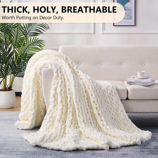 Manta de Punto Grueso L'AGRATY: Manta de Chenilla Suave de 60x80 - Manta de Ganchillo Grueso Hecha a Mano - Manta de Cable Grueso para Sofa Cama Decoracion del Hogar (Blanco Crema) - Imagen 5