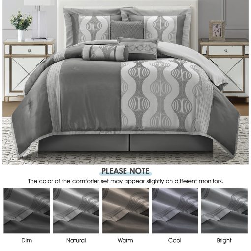 Juego de Edredon LANCO MODERN LIFESTYLE King, Gris, 7 Piezas en una Bolsa, Ultra Suave Jacquard con Piezas Solidas, Juego de Cama de Lujo con Edredones, Falda de Cama, Fundas de Almohada y Cojines Decorativos - Imagen 3