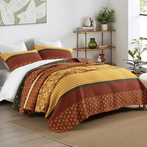 Colcha de Algodon Quilta 100% Tamano Queen - Rojo/Naranja/Amarillo - Juego de Colcha a Rayas con Patron Floral, Edredon Ligero, Cubrecama Suave para Decoracion del Hogar en Todas las Estaciones, Juego de Edredon Vintage - Imagen 6
