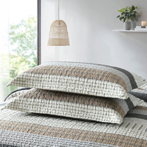 Juego de Edredon PANGUSHAN 100% Algodon Tamaño Queen, Colcha Patchwork Juego de Edredon Queen Ropa de Cama Cubrecamas, Edredon Reversible Ligero de Estilo Granja, Blanco/Marron/Gris Colcha para Todas las Estaciones, 3 Piezas - Imagen 4