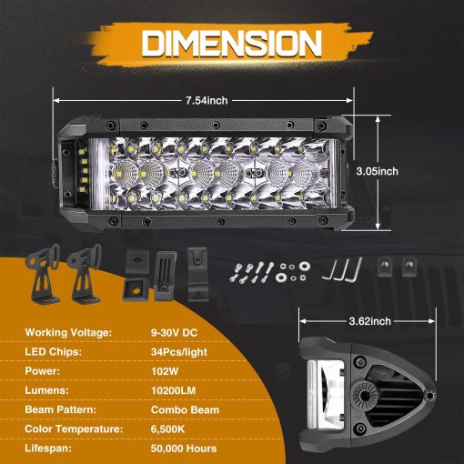 Niking Auto Barra de Luz LED, 8 Pulgadas 102W Triple Fila Luces LED Laterales Shooter para Off Road Spot Flood Combo Impermeable Luces de Conduccion para Jeep Camiones ATV UTV SUV Tractor Pickup Barco Motocicleta - Imagen 7