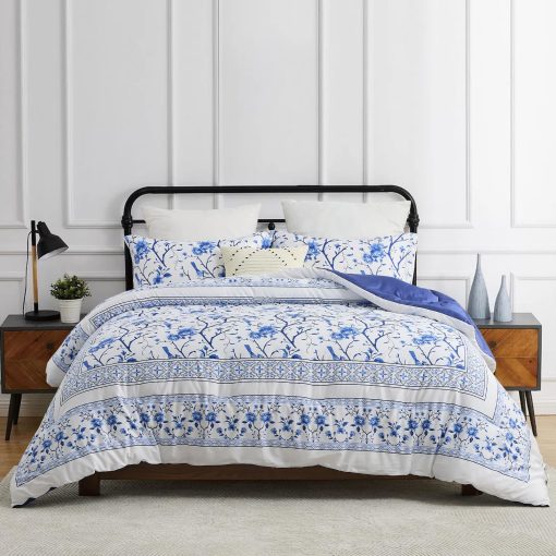 Set de Edredon Queen Size FineStichery, 100% Algodon de Fibra Larga Azul Ramas Florales, Juego de Ropa de Cama Acolchado Reversible de Estilo Granja Suave con Alternativa de Plumon y 2 Fundas de Almohada para Todas las Estaciones - Imagen 3