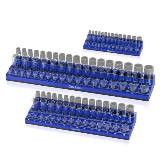 Organizador de enchufes magneticos Olsa Tools | Kit de 3 piezas | 1/2 pulgada, 3/8 pulgada y 1/4 pulgada | Organizadores de enchufes para cajas de herramientas | Azul | Capacidad de 141 enchufes | Organizador de herramientas de grado profesional | Parte 1562
