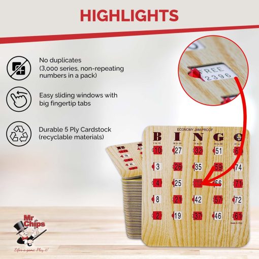 Tarjetas de Bingo MR CHIPS a Prueba de Atascos con Ventanas Deslizantes, 50 Tarjetas de Bingo Reutilizables, 75 Tarjetas de Llamado de Bingo, 1 Tablero Maestro de Bingo en Estilo Madera de Grano de Madera de Granate - Imagen 5
