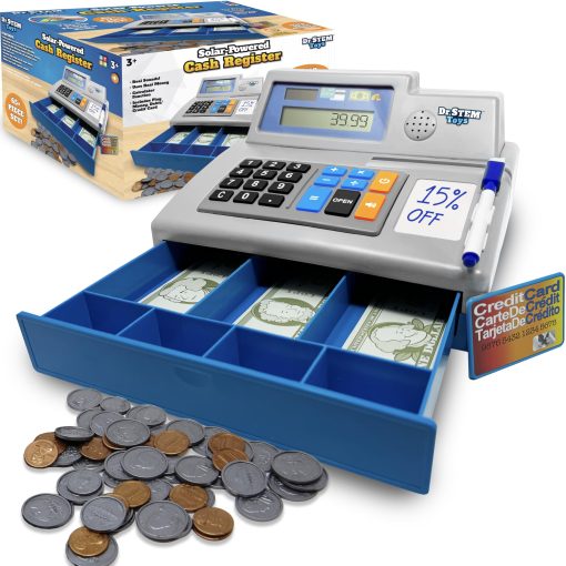 Juguete educativo Dr. STEM Pretend & Play Calculadora registradora con dinero de juego - Funciona con energia solar, set de 67 piezas para aprender habilidades matematicas, caja registradora STEM para ninos (Gris)