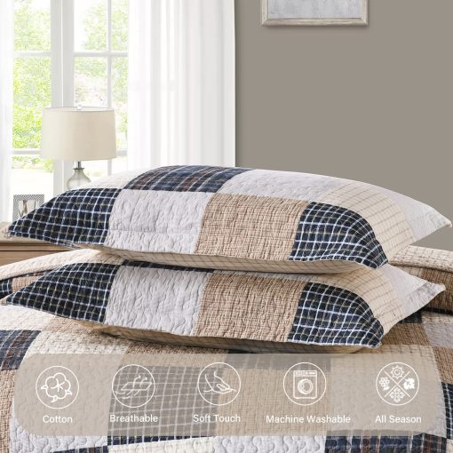 Edredon King Size 100% algodon, Edredon King Size a cuadros marron, edredones King suaves para todas las estaciones, 3 piezas - Imagen 6