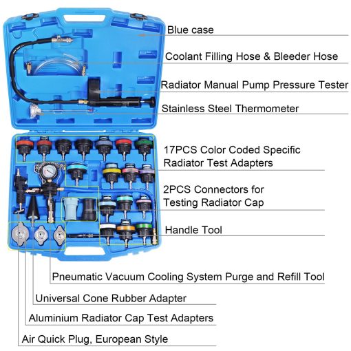 YSTOOL Equipo de Prueba de Presion del Radiador Herramienta de Purga y Relleno de Vacio del Sistema de Enfriamiento Universal 28PCS Juego de Prueba de Fugas de Agua y Relleno de Refrigerante para Automoviles con Adaptadores de Termometro Estuche de Juego - Imagen 2