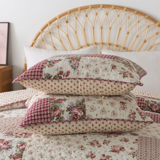 Juego de Colcha de Patchwork de Algodon SLPR Country Roses - Tamaño Queen con 2 Fundas de Almohada, Ropa de Cama Floral de Estilo Frances, Colcha de Granja Roja Acolchada con Patron de Flores - Imagen 5