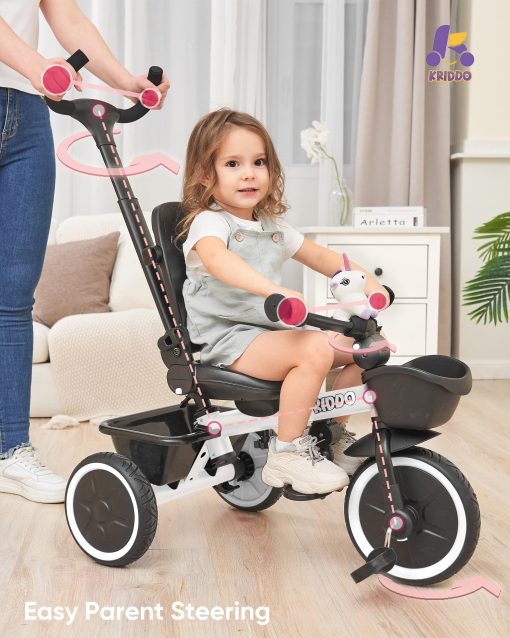 Triciclo cochecito KRIDDO 7-en-1 para niños de 18 meses a 5 años, Mango de empuje ajustable, Asiento giratorio, Portavasos y Capota retractil, Triciclo plegable para bebes con barandilla desmontable, Reposapies, Blanco - Imagen 3