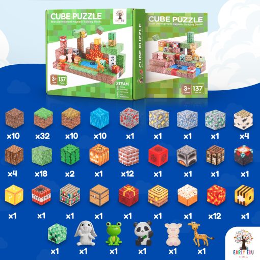 Early Edu Central 137PCS Juego de Bloques de Construccion Magneticos - Juguete Magnetico STEM Set Sensorial con Figuras de Animales y Folleto - Cubo Magnetico de 1" para Niños y Niñas, Juego de Bloques Magneticos Basado en Juegos para Niños de 3-9 - Imagen 5