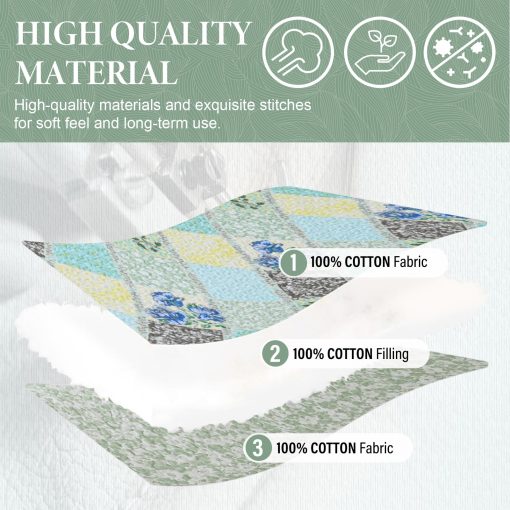 SahSahCasa 100% Algodon 120"x120" Colcha California King Extragrande, Juego de Cubrecama Acolchado Cal King, Colcha XL de Cama Estampada Ligera, 3 Piezas, Verde/Azul - Imagen 5