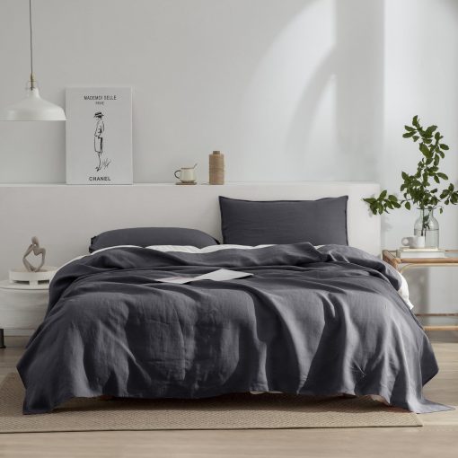 Juego de sabanas de lino EVERLY para cama tamano Full, 100% lino puro frances lavado a la piedra, 4 piezas (1 sabana plana, 1 sabana ajustable, 2 fundas de almohada) Adecuado para personas calurosas, juego de ropa de cama natural - Gris Oscuro - Imagen 8