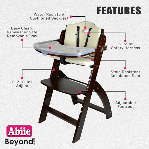 Silla alta de madera Abiie Beyond Junior con bandeja. La solucion perfecta de silla alta ajustable para tus bebes y ninos pequenos o como silla de comedor. 6 meses hasta 250 lb. Madera de caoba / Cojin de crema - Imagen 2