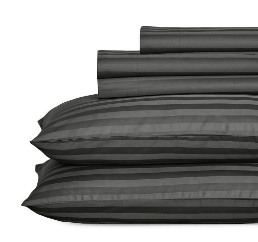 Juego de sabanas de lujo tamano Split King para cama ajustable, 100% algodon 500 hilos, ajuste perfecto, juego de 5 piezas con 2 sabanas ajustables Twin-Xl, juegos de sabanas a rayas Damask y fundas de almohada (Split King, Rayas - Gris)