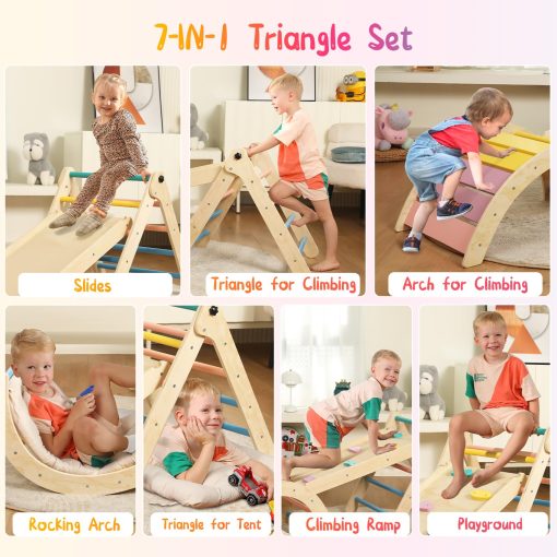 Set de Triangulo Pikler con Cojin, 7 en 1 Juguetes de Escalada para Ninos Pequenos en Interiores, Set de Escalada Montessori Plegable, Juguetes de Escalada de Madera para Ninos Pequenos de 1-3 Anos con Rampa, Arco y Escalera (Arcoiris) - Imagen 4