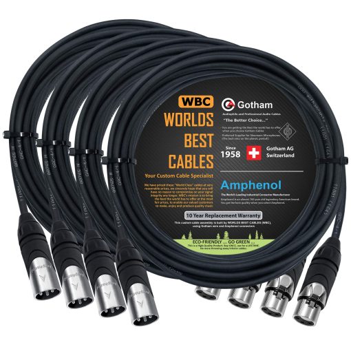WORLDS BEST CABLES 4 Unidades - 20 pies - Gotham GAC-4/1 (Negro) - Star Quad, Cables de Microfono Macho a Hembra Balanceados de Doble Blindaje con Conectores XLR Amphenol AX3M & AX3F de Plata - Hechos a Medida