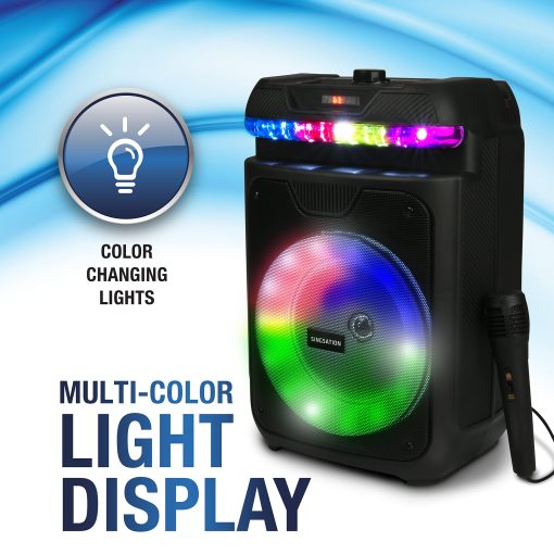 Maquina de Karaoke Portatil Singsation, Dos Microfonos, Bluetooth 5.0, Altavoz de 8 pulgadas, Control Remoto y Luces LED, Recargable, Lector de Archivos de Musica USB y Micro SD, AUX y FM para Fiestas - Imagen 4