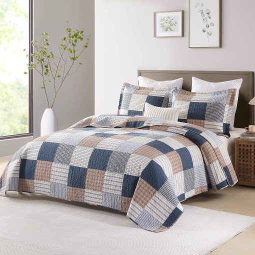 Juego de Edredon Queen Y-PLWOMEN, Edredon Queen de Algodon 100%, Edredon de Cuadros Queen Navy Brown White, Edredon Reversible Suave Queen Tamaño para Todas las Estaciones, 3 Piezas - Imagen 2