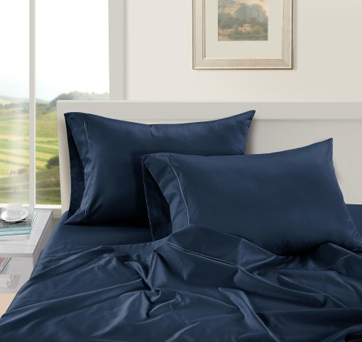 Juego de sabanas de algodon egipcio Egipciano 100% LANE LINEN - 1000 hilos 4-Piezas para Cama King California, Sabana de algodon de fibra larga, Tela de saten, Sabanas de hotel de lujo, Para colchones de hasta 16" - Azul Estate - Imagen 3