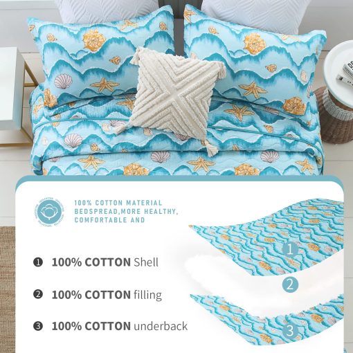 Juego de colcha Queen Finlonte, colcha Queen de algodon ligero, diseno costero azul colchas tamano Queen, juego de ropa de cama de colcha Queen suave y transpirable para todas las estaciones, 3 piezas - Imagen 6