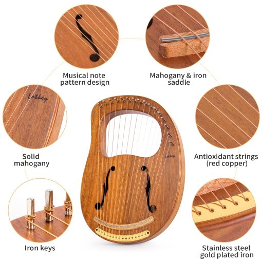 Arpa de Lira, Lotkey 16 Cuerdas de Metal Arpa de Lira de Caoba con Silla de Hierro, Llave de Afinacion, Cuerdas de Repuesto, Manual y Estuche - Imagen 3