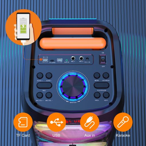 Maquina de Karaoke JYX con 2 microfonos inalambricos para adultos, altavoz de fiesta Bluetooth de 8" con 500W de potencia maxima, sistema PA con luz de DJ, ruedas giratorias y carrito, perfecto para exteriores - Imagen 2