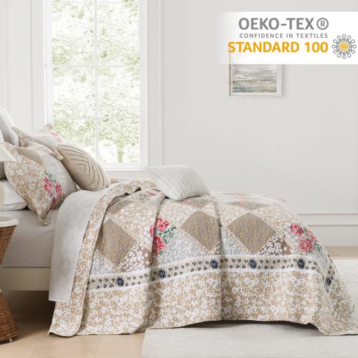 Colcha de Cama Extragrande Finlonte 102x120 Pulgadas - Colcha de Cama Queen Extragrande 100% Algodon, Colcha Acolchada Extragrande de Estilo Campestre, Cubrecama Reversible Ligero, Juego de Ropa de Cama, Marron/Gris - Imagen 3