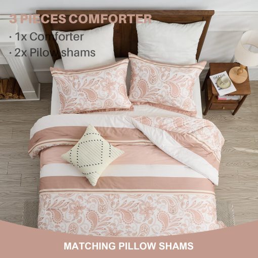 Juego de edredon queen FineStichery en rosa, 100% algodon de fibra larga con rayas de estilo campestre, juego de ropa de cama ligera de flores paisley chic, suave alternativa de plumon para todas las estaciones, 3 piezas - Imagen 7