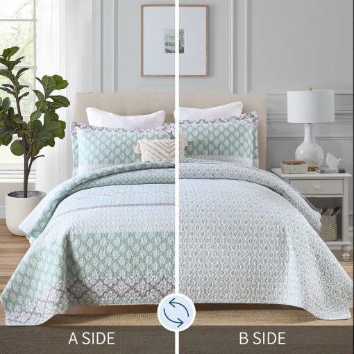 Edredones Queen Size KALOOLA Verde Salvia, 100% Algodon Colcha Bohemia Floral, Juego de Ropa de Cama Reversible Estilo Granja, Edredon Ligero para Todas las Estaciones, 3 Piezas - Imagen 3