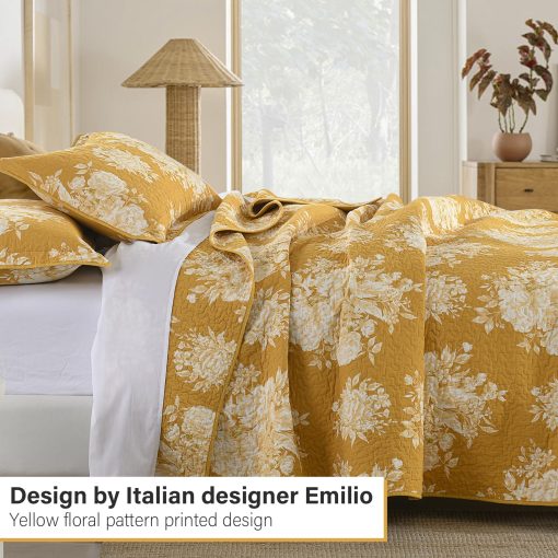 Juego de edredon estampado floral amarillo PERHOM en tamano King - Juego de edredon King de algodon 100%, suave y transpirable, juego de ropa de cama de estilo campestre, cubrecamas, edredon de cama para todas las estaciones, 3 piezas - Imagen 3