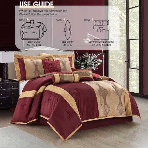 Juego de Edredon LANCO MODERN LIFESTYLE Queen, Vino Oro, 7 Piezas con Sabana, Jacquard Ultra Suave con Piezas Solidas, Juego de Lujo con Edredones, Falda de Cama, Fundas de Almohada y Cojines Decorativos - Imagen 7