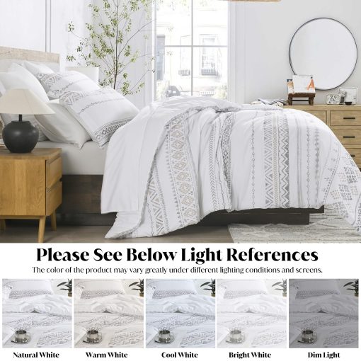 Juego de Edredon CozyDH Boho Tamaño King - 100% Algodon Egipcio de Fibra Larga Diseño Moderno con Geometrico, Moderno Transpirable Ligero Juego de Ropa de Cama para Todas las Estaciones con Fundas, 90"x104", Gris/Blanco, 3 Piezas - Imagen 9