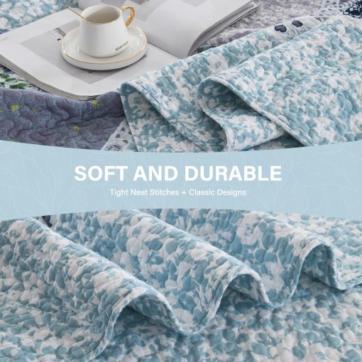 SahSahCasa Colcha de Cama California King 100% Algodon 120"x120", Cubrecama Acolchado Extra Grande, Colcha XL de Cama Ligera, 3 Piezas, Azul/Morado - Imagen 6