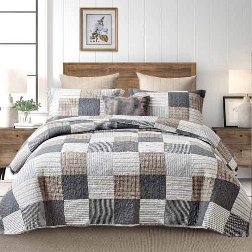 Colcha Escocesa King Size - 100% Algodon Colcha de Granja King con 2 Fundas de Almohada, Colcha Transpirable Ligera Juegos de Edredones Rellenos de Cama, Gris Marron, King(98 * 106 Pulgadas)