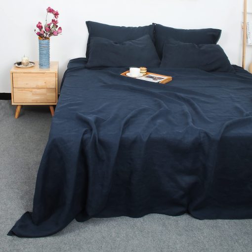 Juego de sabanas de lino frances natural organico al 100%, certificado GOTS, lujoso y suave lavado de piedra, 3 piezas de sabanas para cama (Azul Marino, Individual) - Imagen 7