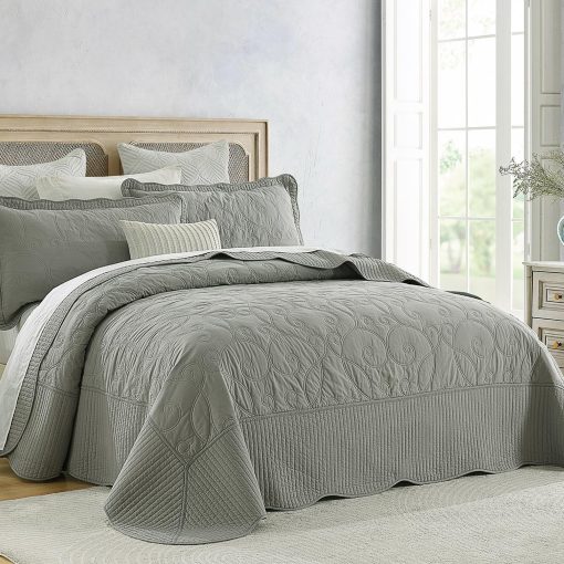 Colcha Queen Size Oversized Finlonte 120"x102" - 100% Algodon con Bordado en Enredadera, Colcha Acolchada Gris Solido, Conjunto de Colcha Extra Grande Suave para Cama Queen con 2 Fundas de Almohada