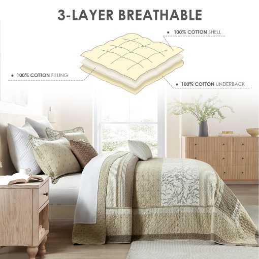 Colcha QuiltEase tamano King extra grande - 120" Lx120 W - Set de cubrecamas de rayas ligero 100% algodon - Colcha reversible estilo casa para cama California King - 3 piezas - Marron/Beige/Blanco - Imagen 4