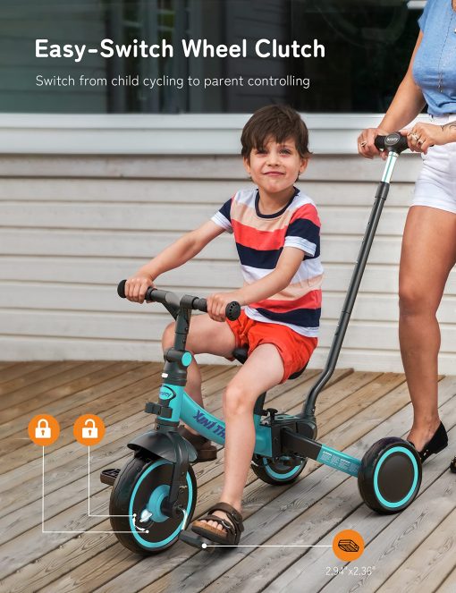 besrey Bicicleta 7-en-1 para niños con manillar de direccion de empuje para niñas y niños de 1 a 5 años, Triciclo plegable para niños, Triciclo para niños con pedales extraibles, Asiento ajustable en altura (Verde) - Imagen 7