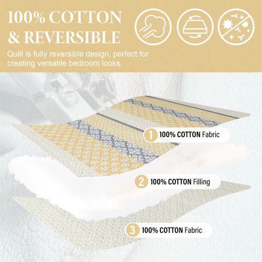 Juego de Colchas King Size SahSahCasa, Colcha King, 100% Algodon, Colcha Floral King, Juego de Ropa de Cama de Colcha, Colcha Reversible de Retazos Ligera para Todas las Estaciones, Amarillo/Gris, 3 Piezas - Imagen 4