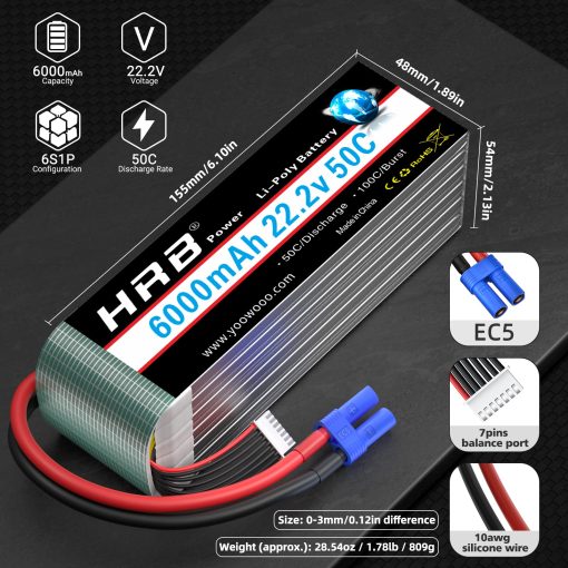 HRB 2pcs 6S 6000mAh Bateria Lipo EC5 50C-100C 22.2V Compatible con Helicoptero Coche Avion Barco RC - Imagen 4
