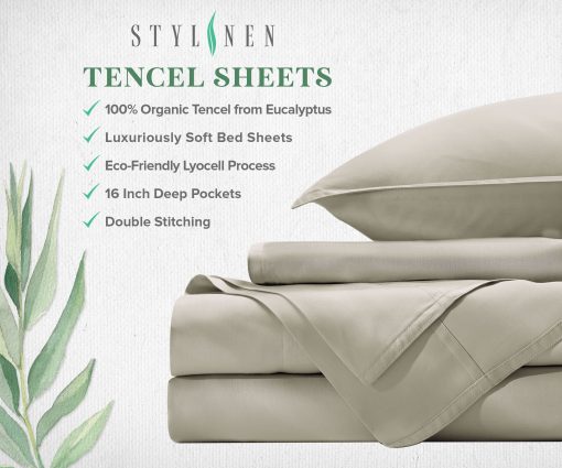 Juego de sabanas Stylinen 100% organicas de eucalipto tamano California King 4 piezas, Lyocell de Tencel, suaves y transpirables, bolsillos profundos de 16 pulgadas, 1 ajustable, 1 plana, 2 fundas de almohada (California King, marfil) - Imagen 4