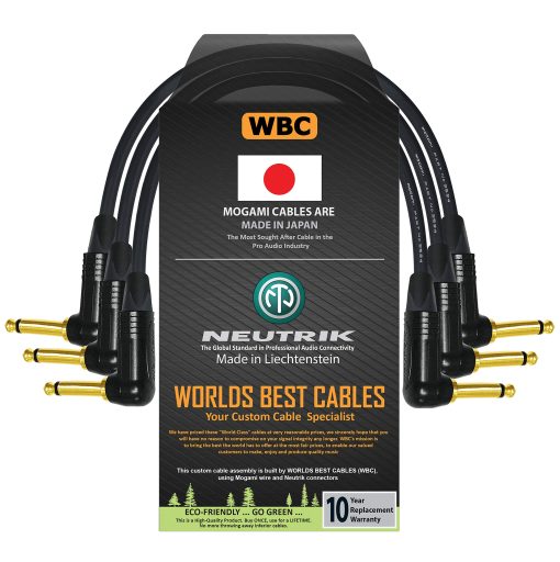 3 Unidades - Cable de Guitarra de 15 Pulgadas - Hecho a medida por WORLDS BEST CABLES con alambre Mogami 2524 y conectores Neutrik NP2RX-B ? Inch (6.35mm) Dorados en angulo Recto